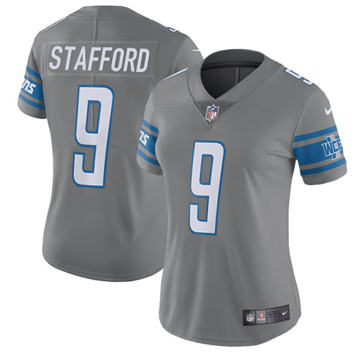 Nike Lions #9 Matthew Stafford Gray Women's Stitched NFL Limited Rush Jersey